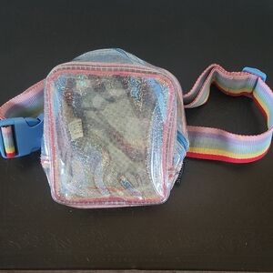 Clear Glitter Pink Crossbody Belt Bag with Rainbow Strap